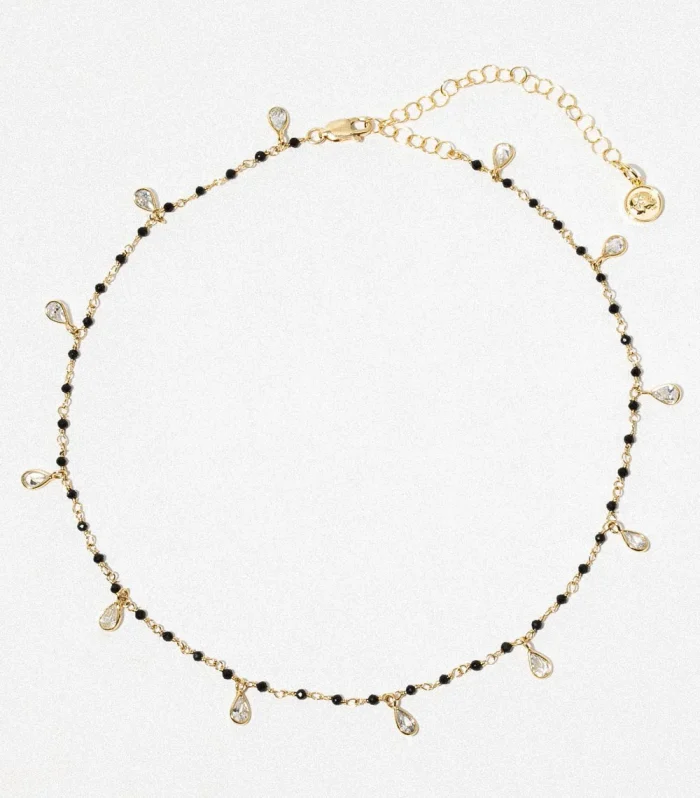 Elegant Black Bead And Crystal Teardrop Necklace